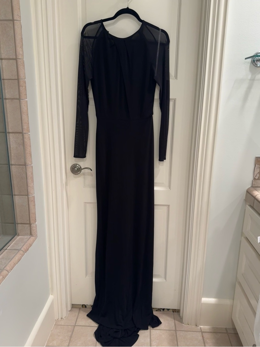 Black Long-Sleeve Maxi Dress with Sheer Shoulder Details